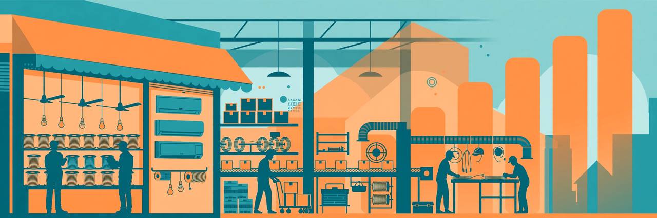 Editorial illustration of an electrical goods factory and shopfront with fans, cables and lights and a rising chart
