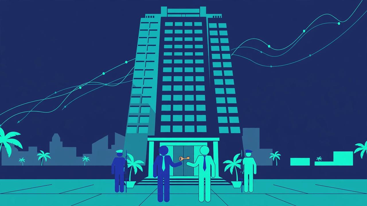 Editorial illustration of a generic bank headquarters tower with one generic suited executive handing a brass key to another at the entrance, chart lines rising behind