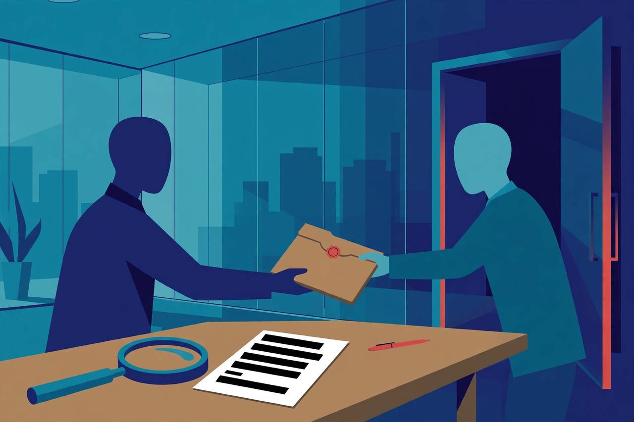 Editorial illustration of two generic bank executives passing a sealed folder across a boardroom table, with a redacted document and magnifying glass