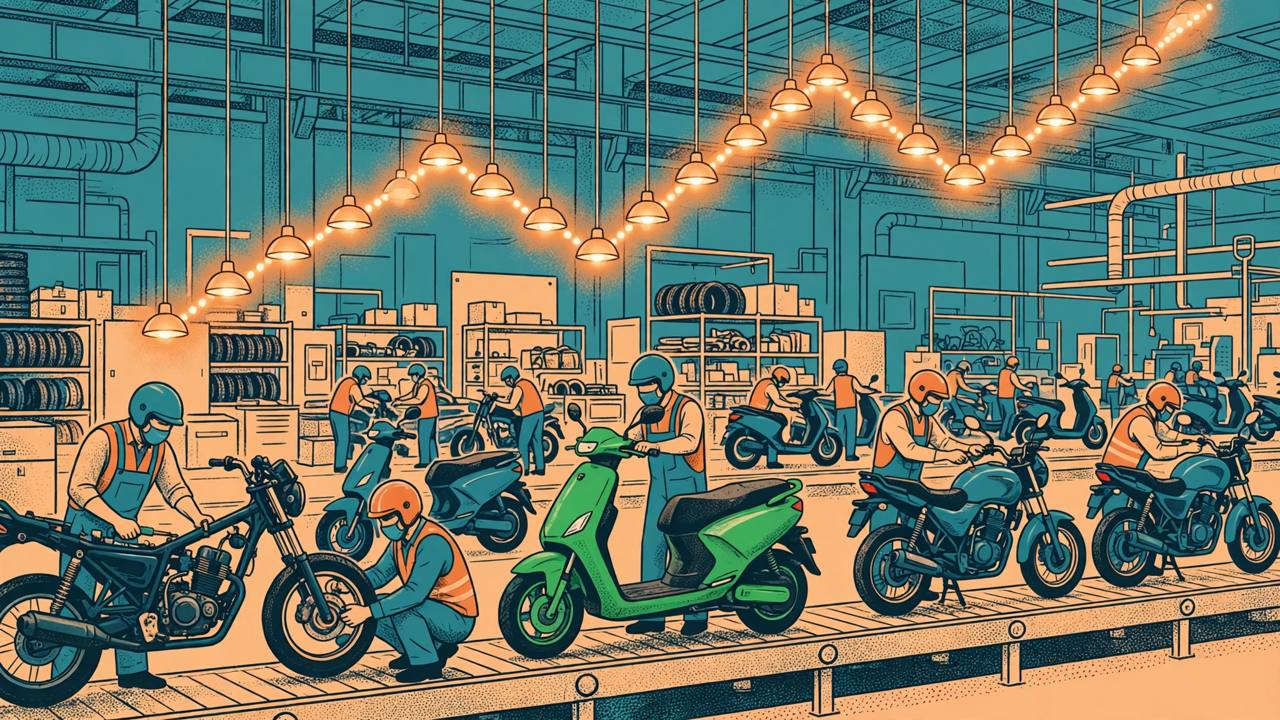Editorial illustration of workers assembling motorcycles and a green electric scooter on a factory line, with factory lights forming a rising curve