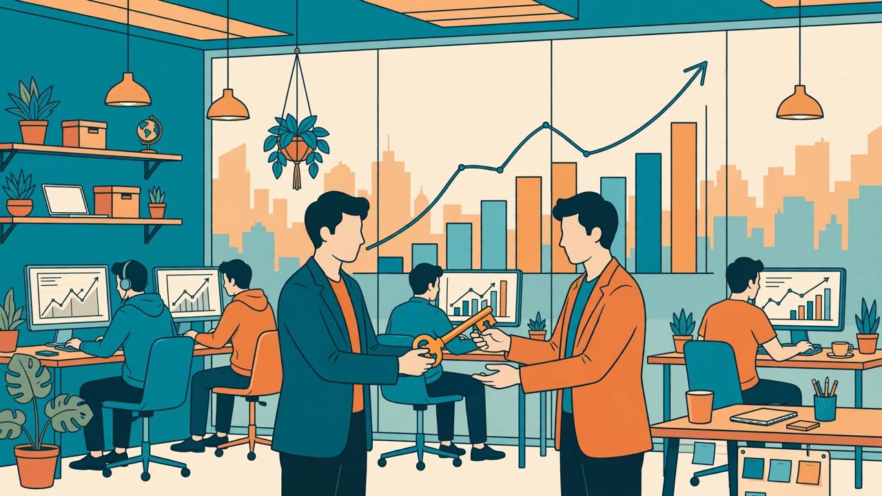 Editorial illustration of two generic business figures exchanging a symbolic key in an IT office with a rising chart behind them, marking a CEO change