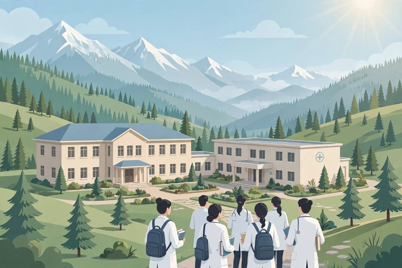 Editorial illustration of a medical college in the Himachal hills with generic medical students in white coats