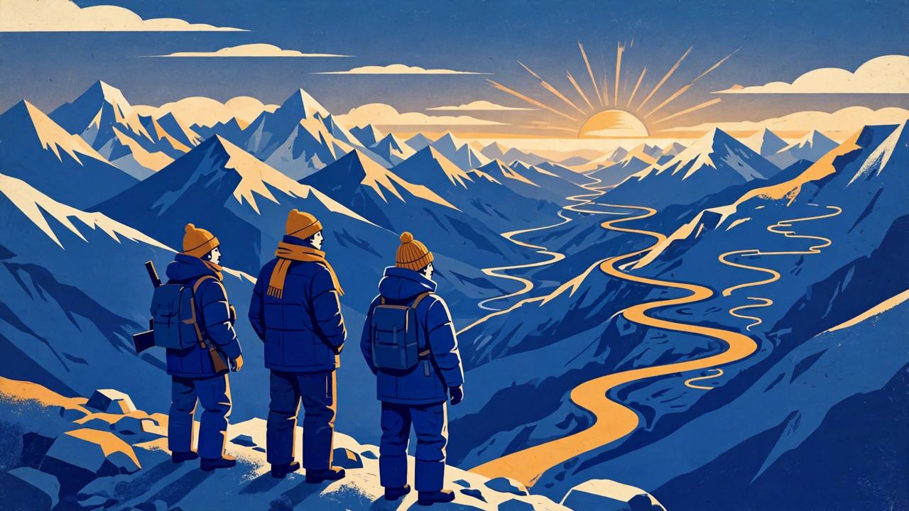 Editorial illustration of generic mountain soldiers on a high Himalayan ridge at dawn overlooking a winding border road