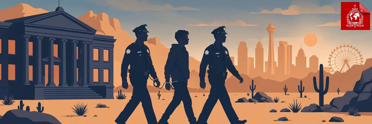 Editorial illustration of a generic handcuffed man escorted by officers outside a Las Vegas courthouse