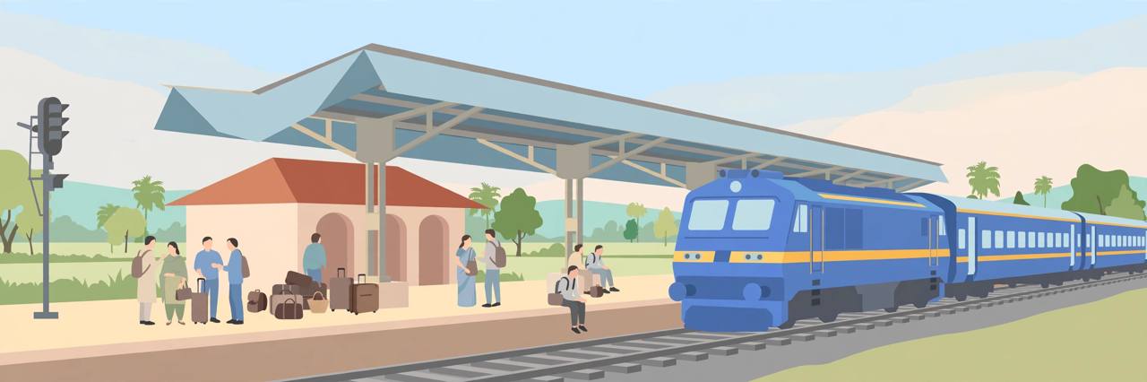 Editorial illustration of a passenger train standing at a small station platform with generic passengers waiting with luggage — flat style, no text, no real person's face