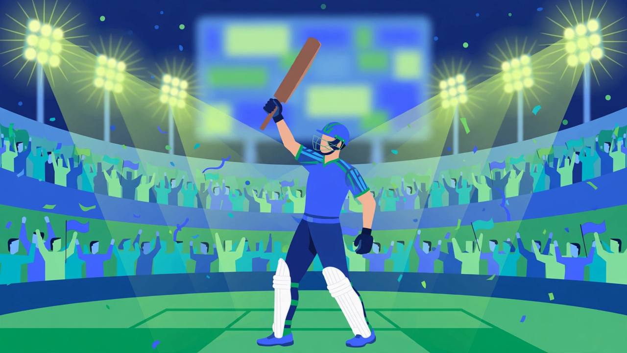 Editorial illustration of a generic cricket batsman in blue kit raising his bat in celebration at a floodlit stadium — flat style, no text, no real person's face