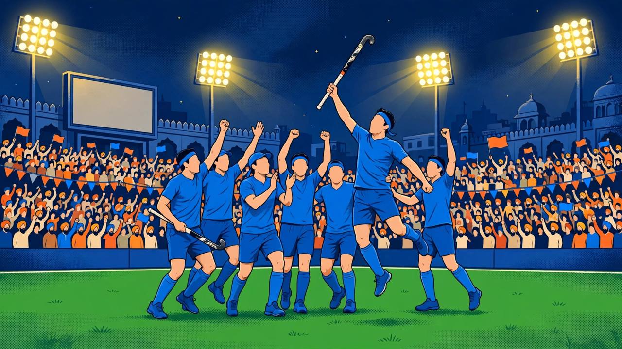 Editorial illustration of generic hockey players in blue jerseys celebrating a goal under floodlights at a packed stadium in Punjab