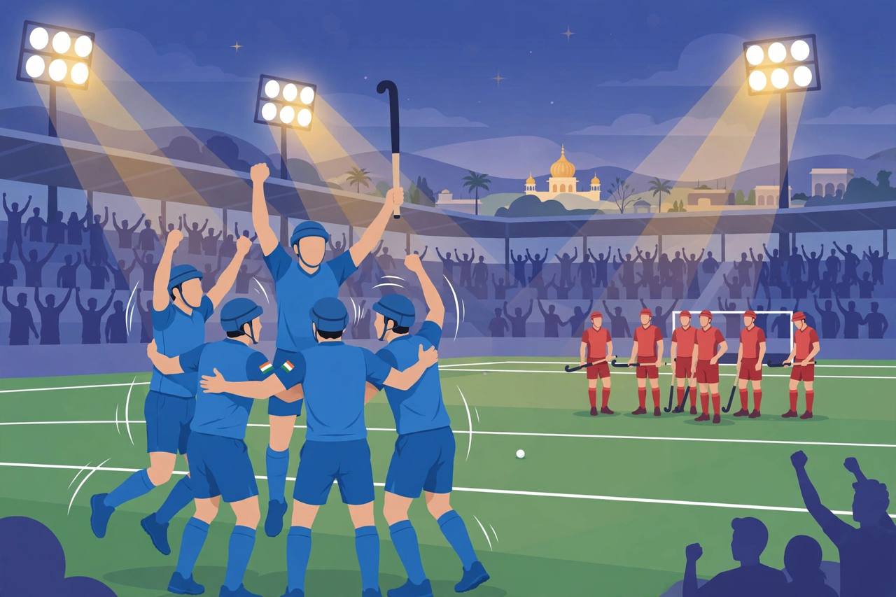 Flat editorial illustration of an Indian men's hockey team in blue celebrating a goal under floodlights, with opponents in red in the background