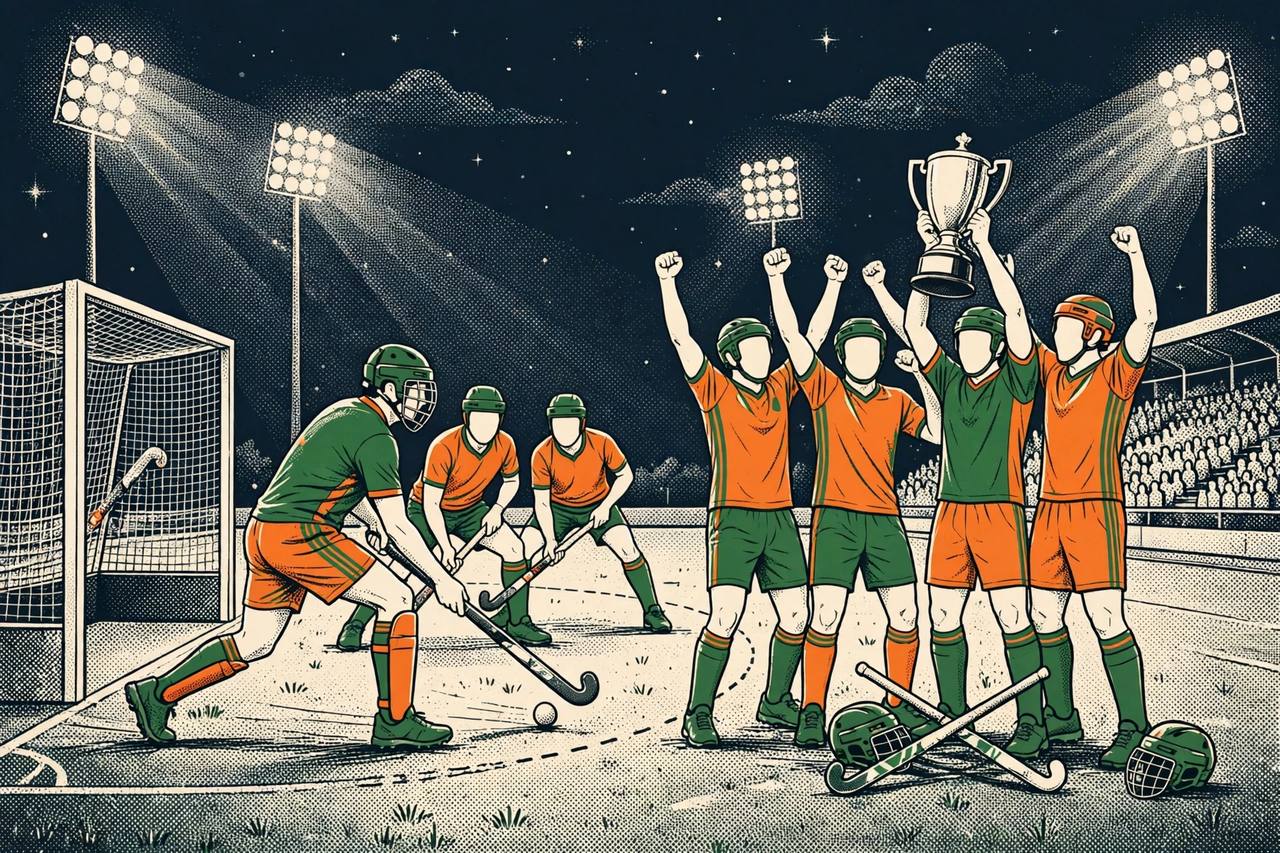 Editorial illustration of Indian field hockey players celebrating with a trophy under floodlights, generic figures