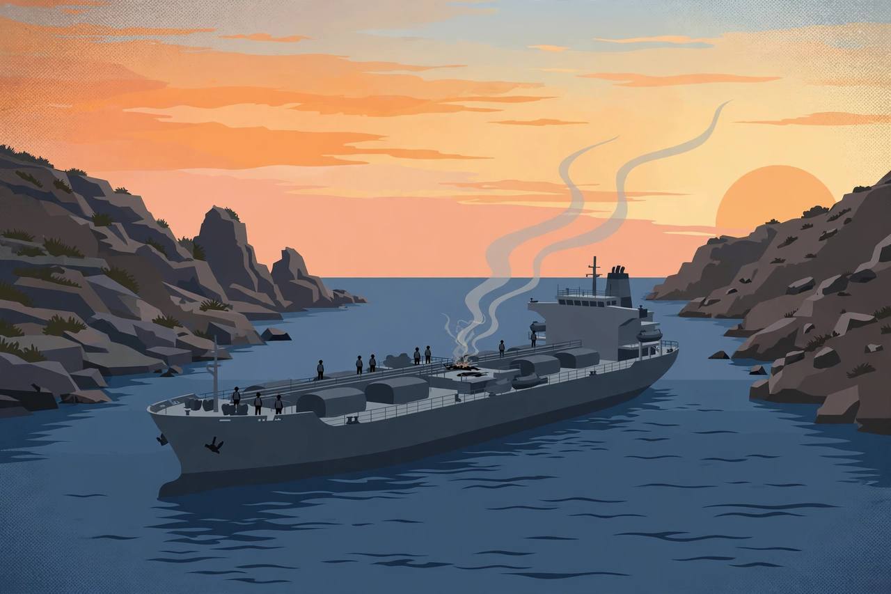 Editorial illustration of an oil tanker in a narrow strait at dawn with thin smoke rising from a small extinguished fire on deck and generic crew silhouettes standing safely - no real person's face