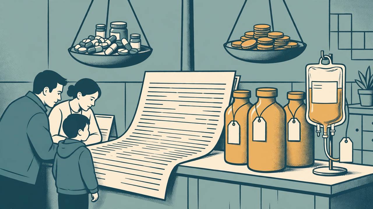 Editorial illustration of a family facing a long hospital medicine bill, with medicine bottles, a saline drip and a balance scale weighing medicines against coins