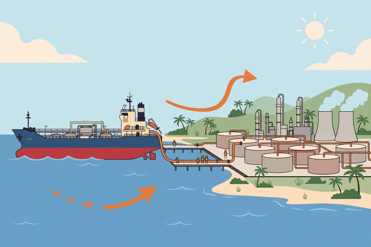 Editorial illustration of a crude oil tanker delivering oil to an Indian coastal refinery with storage tanks