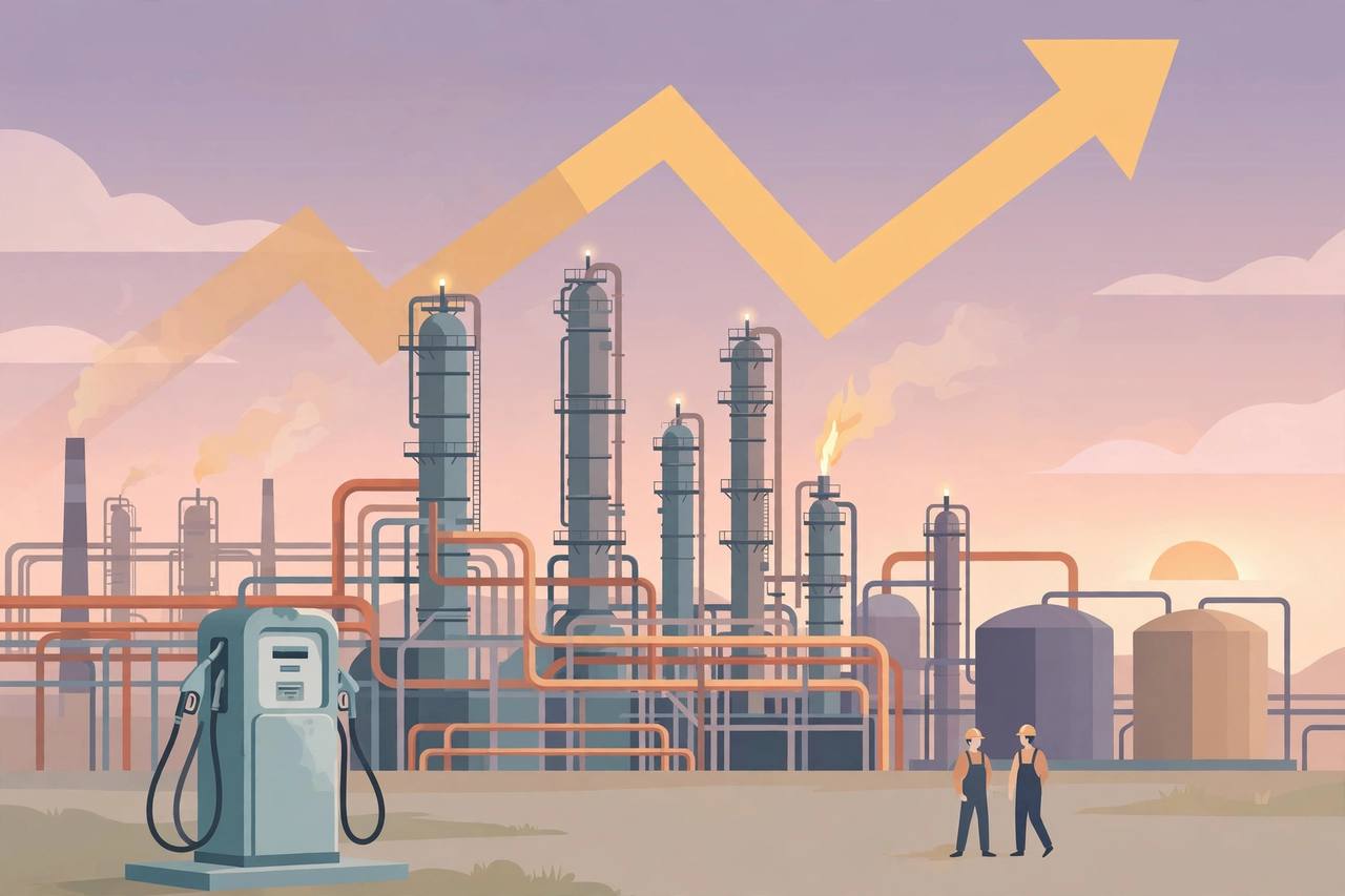 Editorial illustration of an oil refinery with pipelines and a petrol pump, with an upward chart shape