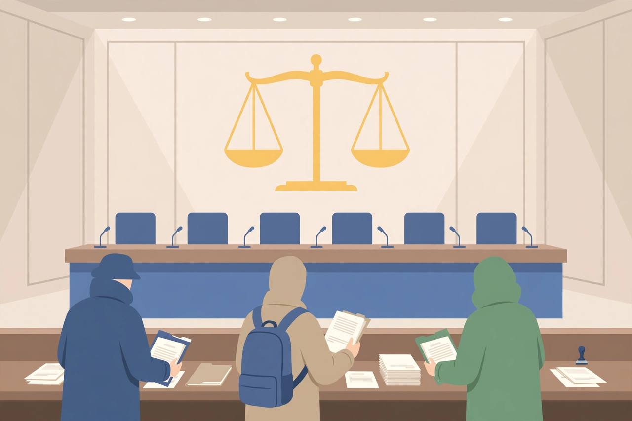 Editorial illustration of a formal enquiry hearing room with a long table, microphones and generic citizens submitting documents; no real person depicted