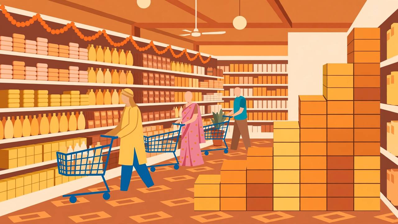Editorial illustration of generic shoppers with carts in a supermarket aisle stocked with blank-packaged household and personal-care products, with stacked boxes rising like a growth chart, no real person's likeness