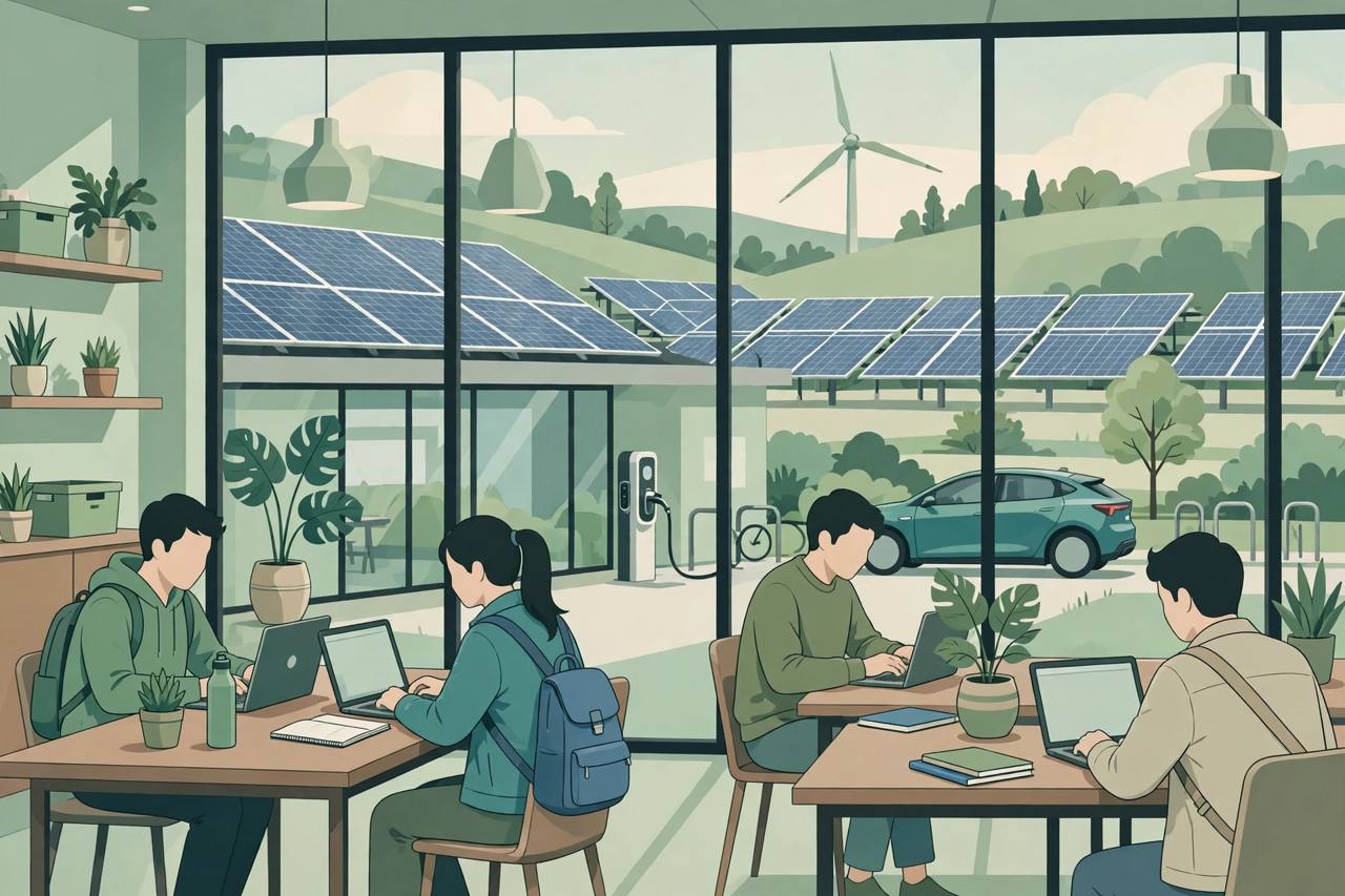Editorial illustration of generic graduates training on laptops in a modern centre with solar panels, a wind turbine and an electric vehicle, flat style
