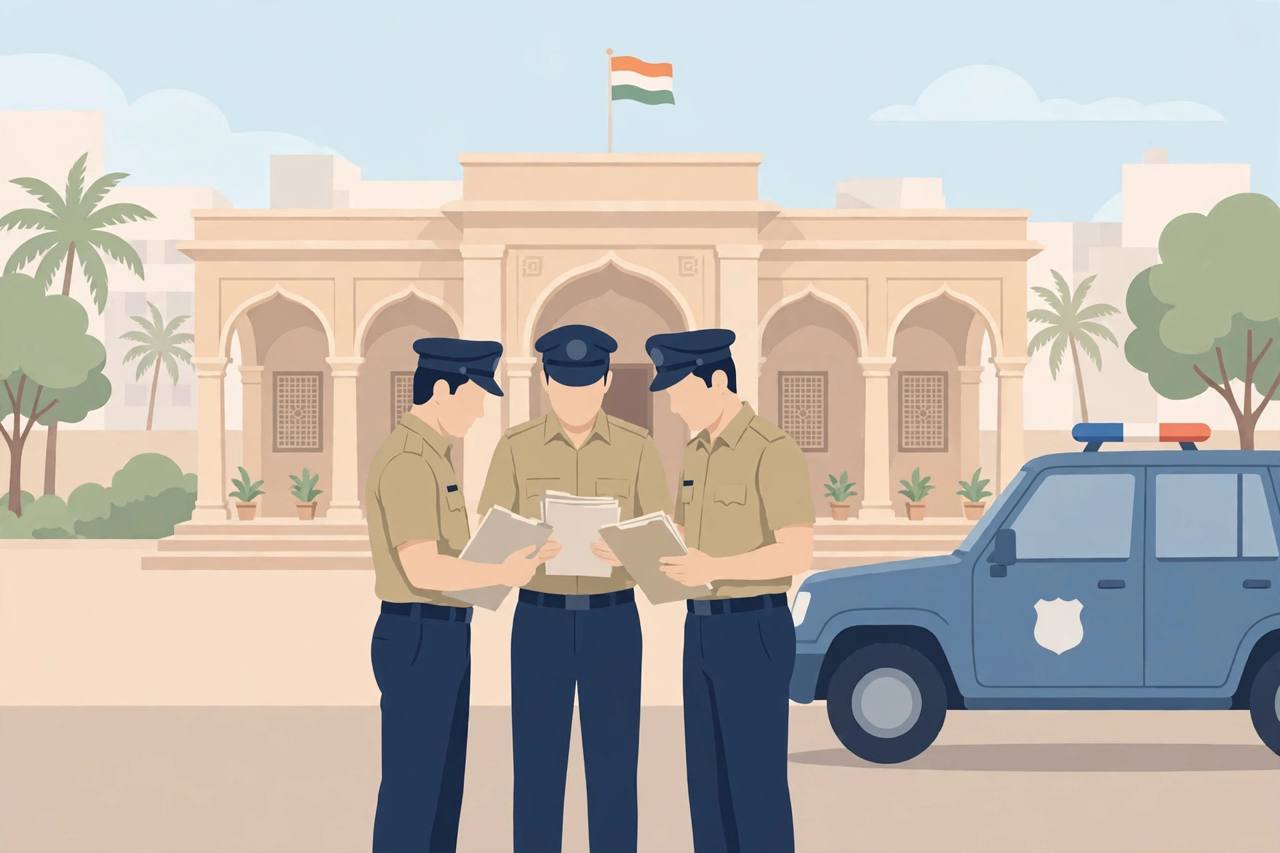 Police officers outside a city police station reviewing investigation files (Editorial illustration)