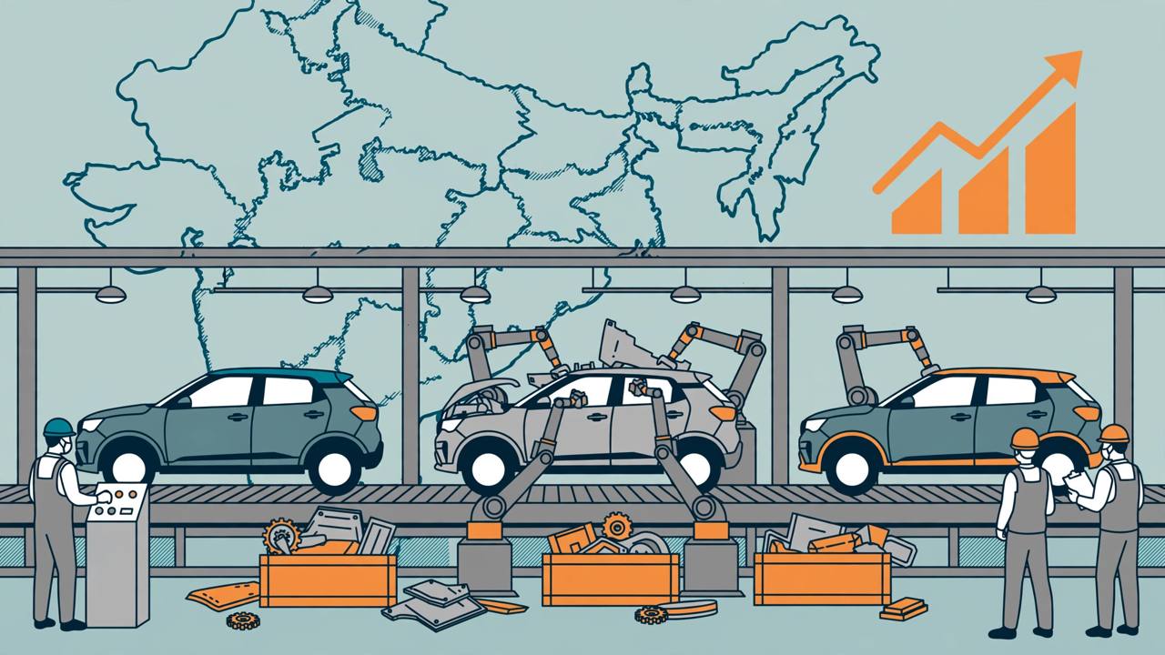 Editorial illustration of a car factory assembly line in India with compact SUVs, robotic arms, parts crates and an outline map of India