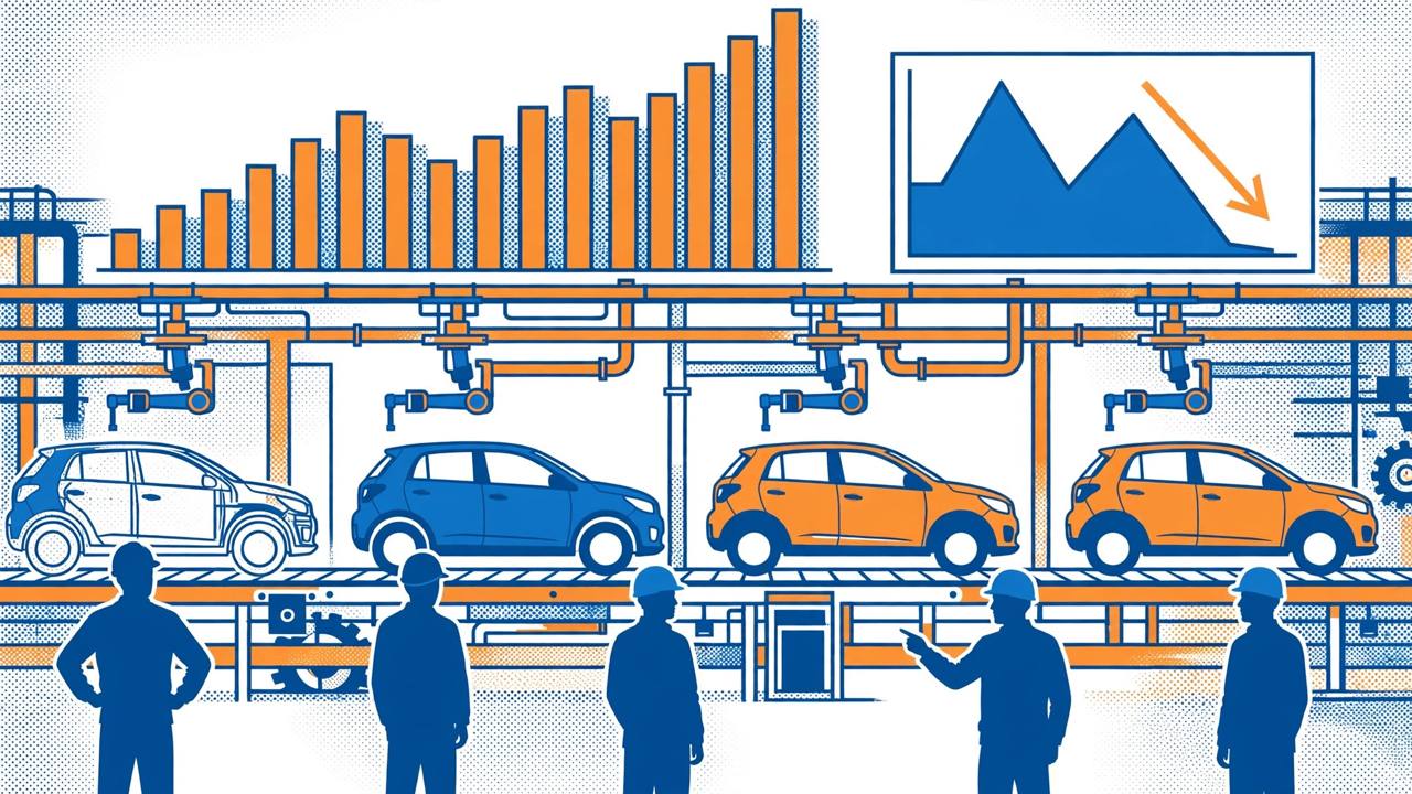 Editorial illustration of a car factory assembly line with a rising revenue chart and a falling profit chart