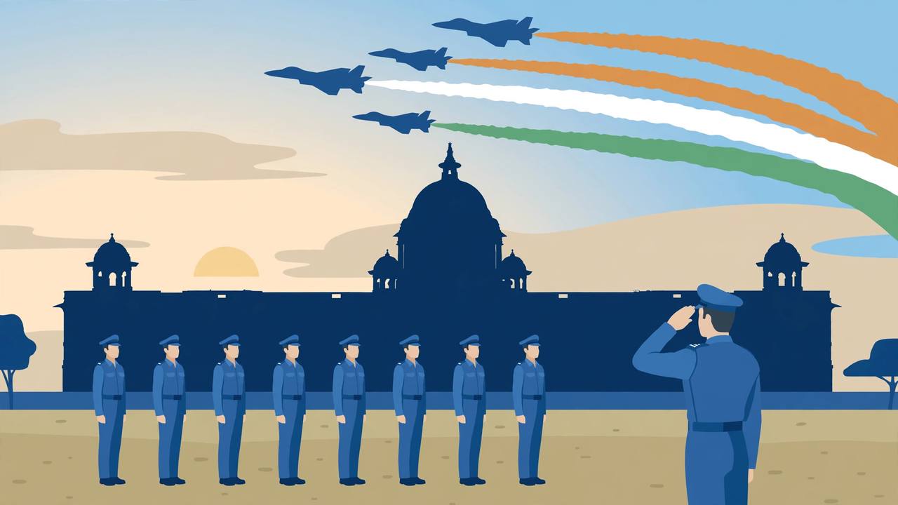 Editorial illustration of an Indian Air Force guard of honour saluting beneath a tricolour flypast in front of a domed palace in New Delhi