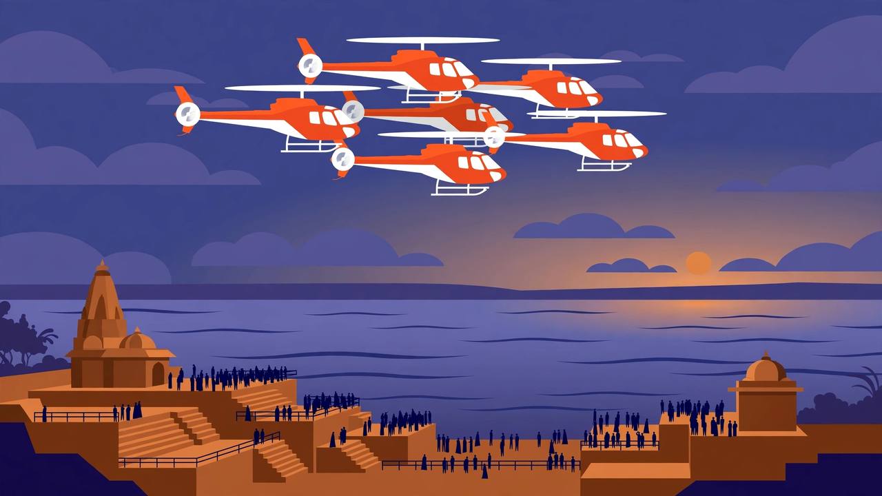 Editorial illustration of five orange-and-white helicopters in formation over a river and temple ghats at dusk