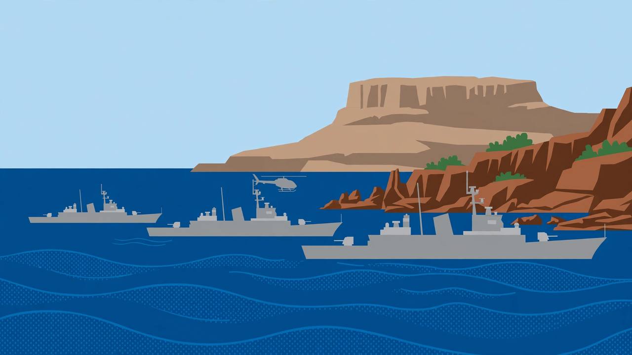 Editorial illustration of three generic naval warships sailing in formation near a rocky coast with a flat-topped mountain