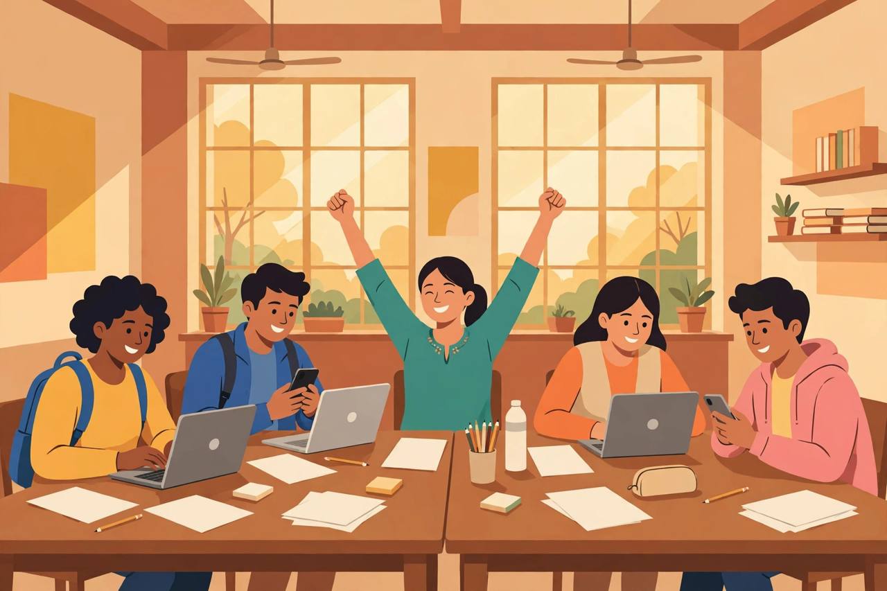 Editorial illustration of generic students checking exam results on laptops and phones in a study hall, one student celebrating — flat style, no text, no real person's face