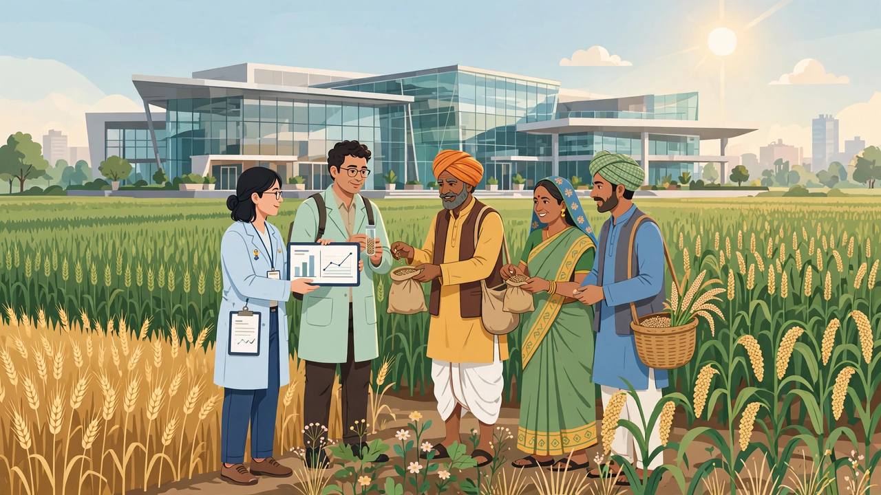 Editorial illustration of generic agricultural scientists and farmers exchanging seed samples in a green field in front of a modern convention centre in New Delhi