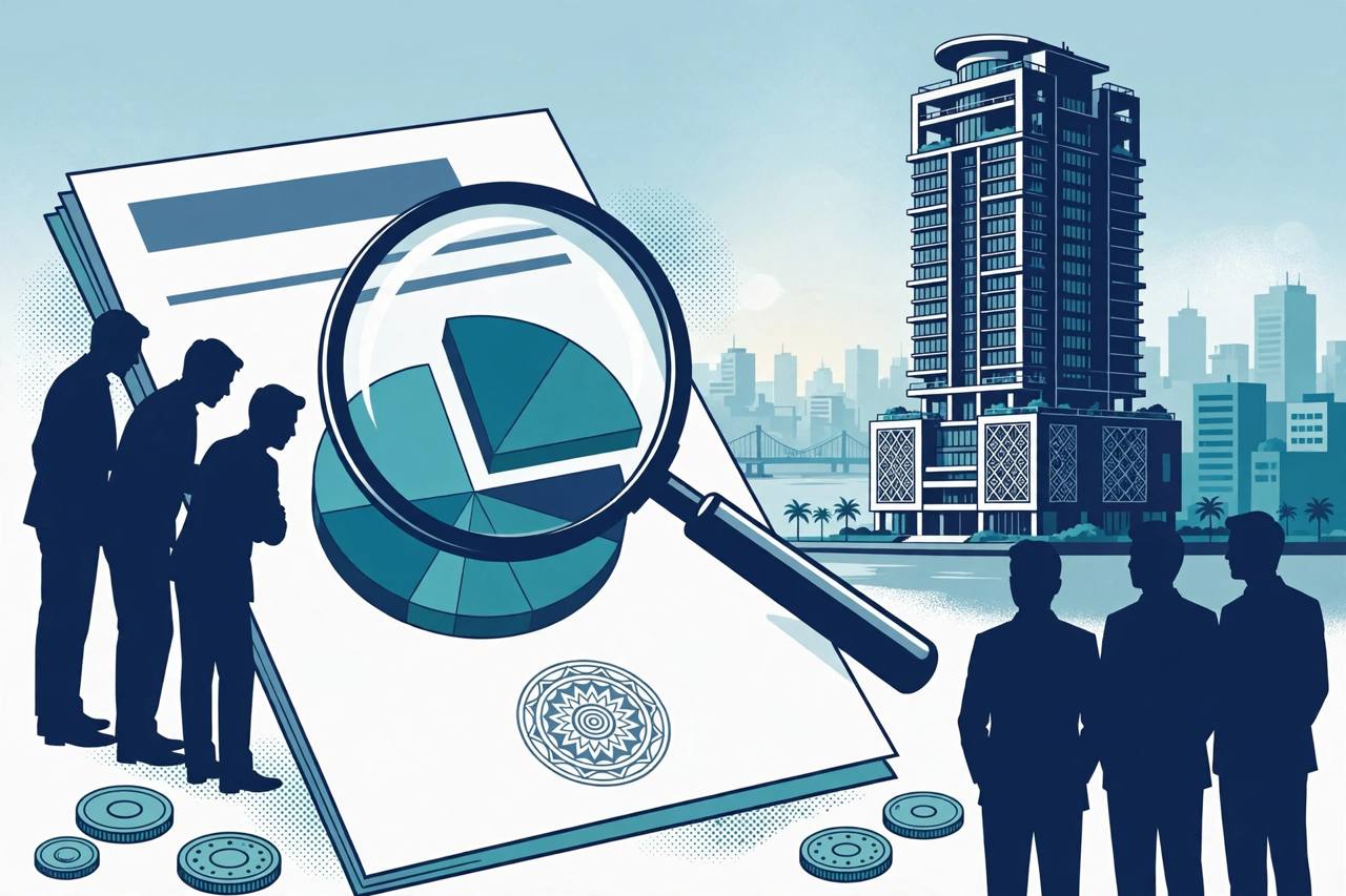 Editorial illustration of a bank headquarters tower, an official document under a magnifying glass showing a pie chart, and silhouetted bank employees
