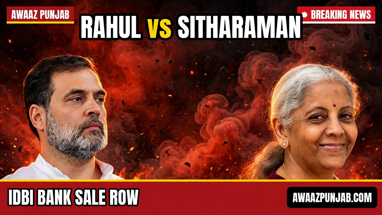 Branded Awaaz Punjab thumbnail with real-photo cut-outs of Rahul Gandhi and Nirmala Sitharaman facing off over the IDBI Bank sale row