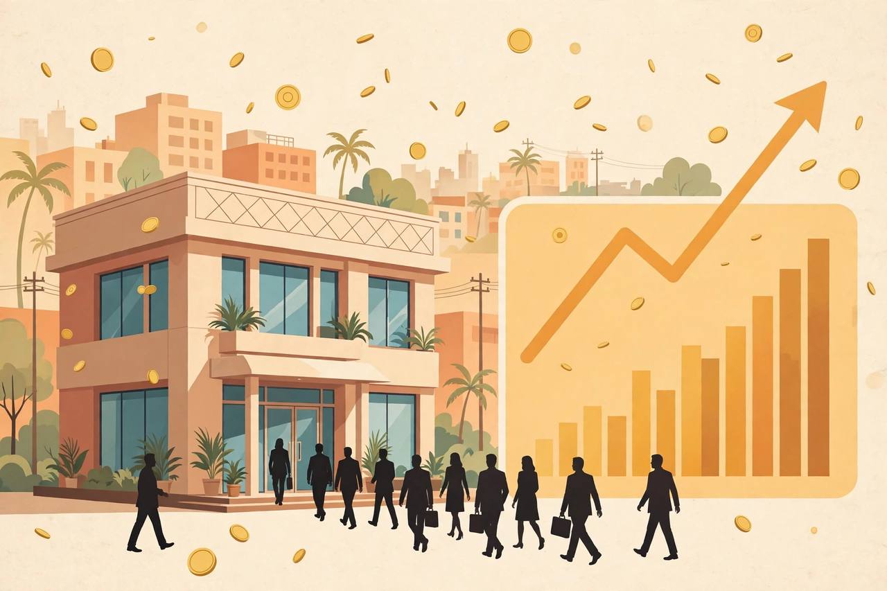 Editorial illustration of a generic bank building with a rising growth chart and customers walking in; no real person depicted