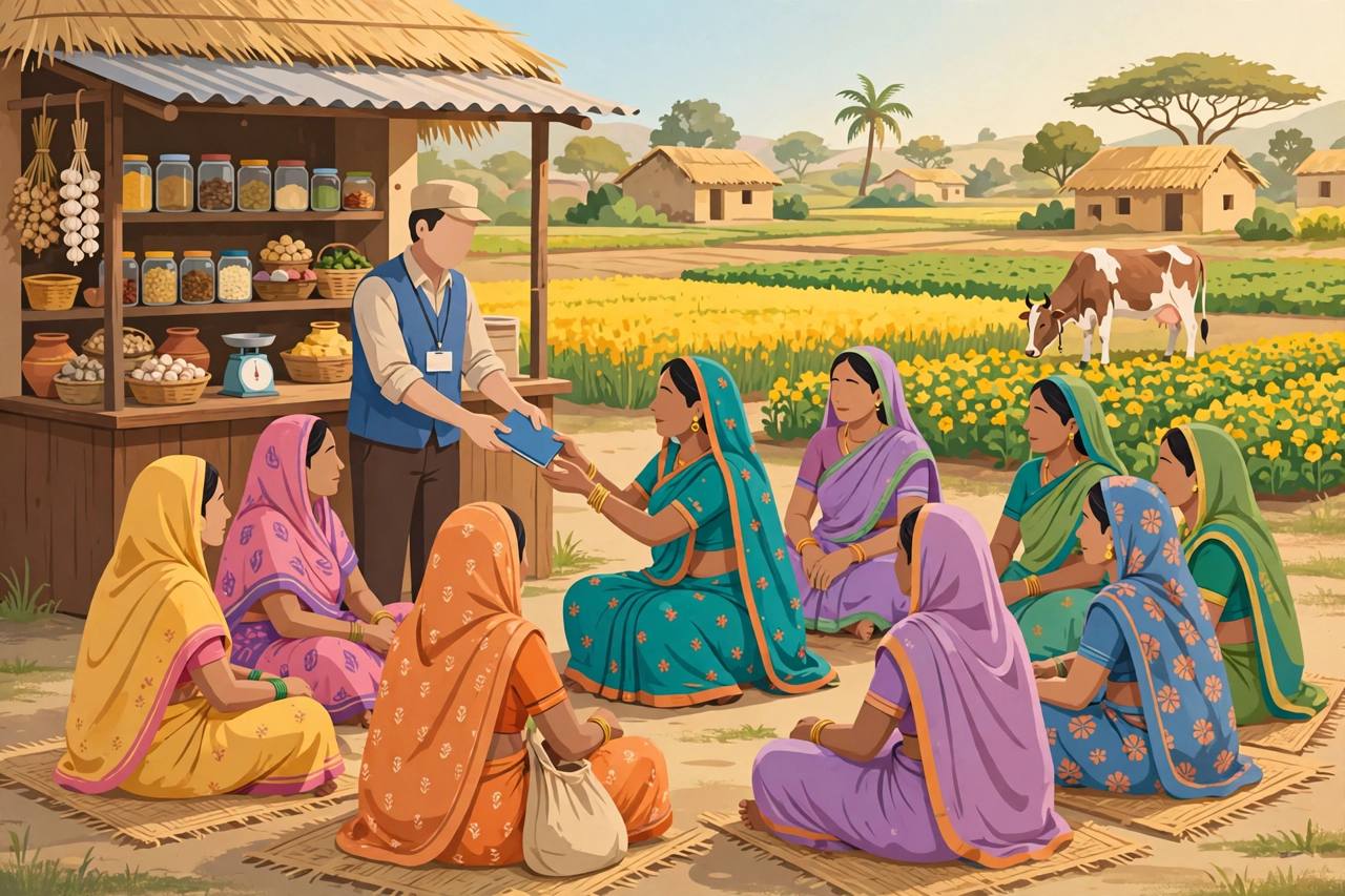 Rural women in colourful saris in a self-help group circle receiving a loan passbook at a village bank counter, with crops and a cow behind them (Editorial illustration)
