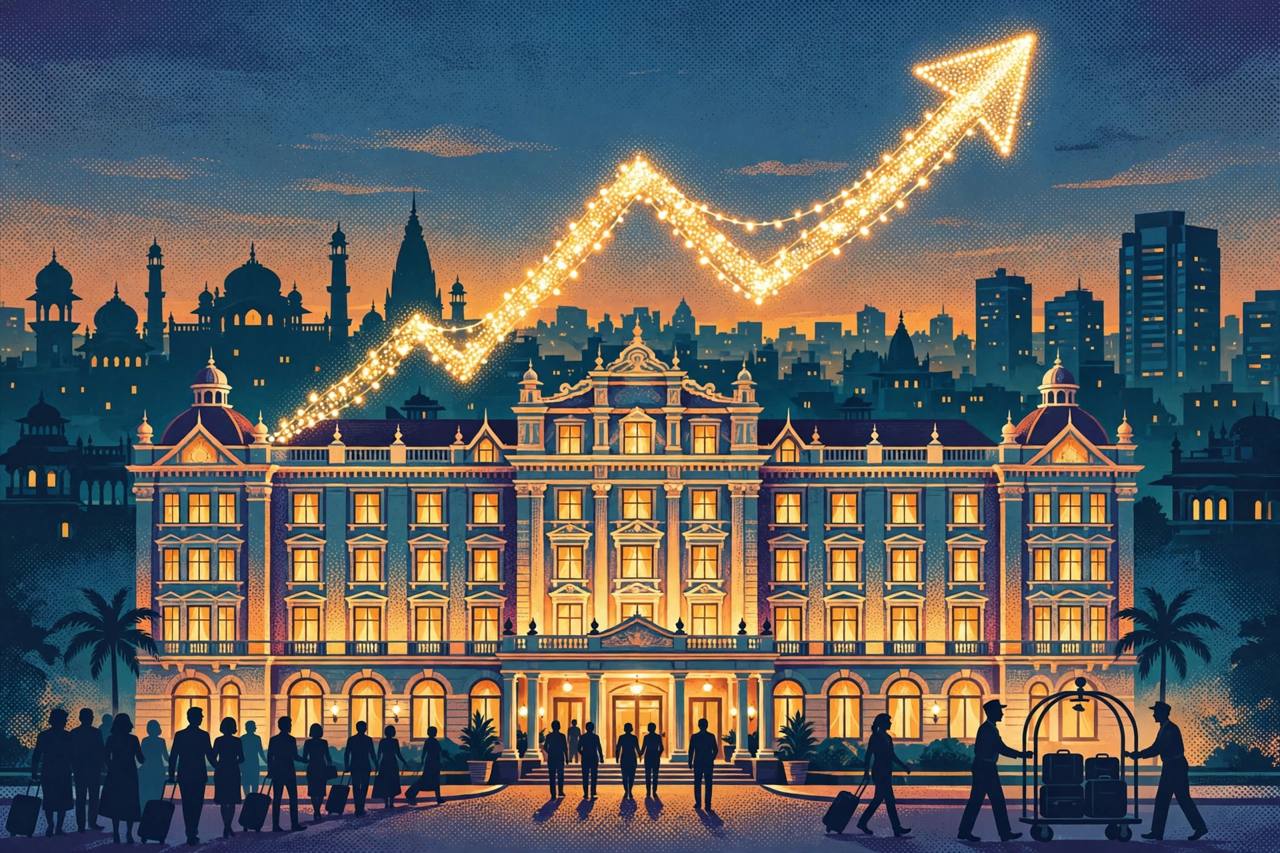 Editorial illustration of a grand luxury hotel at dusk with an upward light arrow - flat style, generic figures, no real person's face, no text