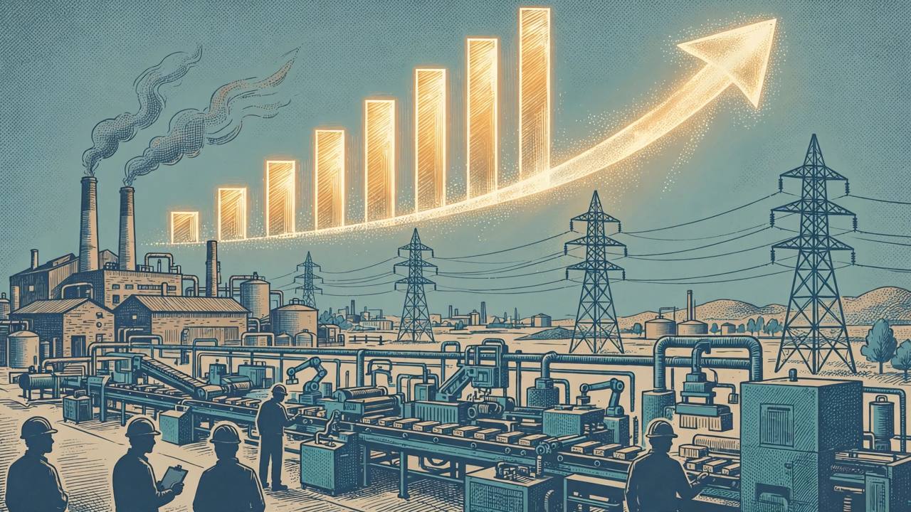 Editorial illustration of Indian factories, power towers and a rising production arrow, generic figures only