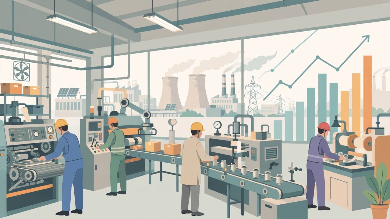 Editorial illustration of factory workers and machines inside an Indian manufacturing plant with a power plant in the background, generic figures only