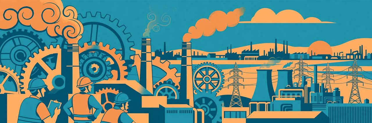 Editorial illustration of Indian factories, power lines and workers representing industrial production