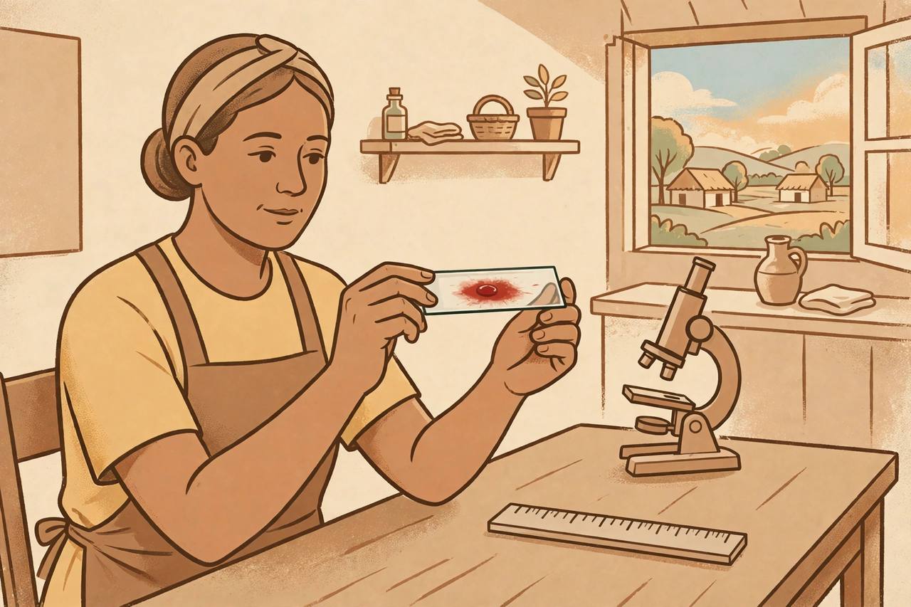 Editorial illustration of a generic health worker in a rural clinic holding up a glass slide with a single drop of blood spread across it, with a ruler and a microscope on the table