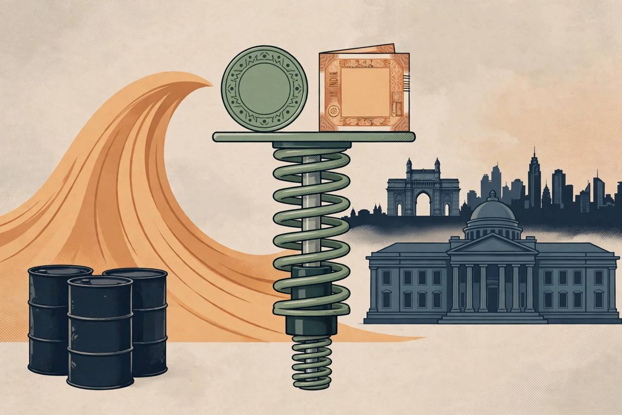 Editorial illustration of a rupee coin balanced on a flexible shock absorber beside crude oil barrels, with a stylised central bank building — flat style, no text, no real person's face