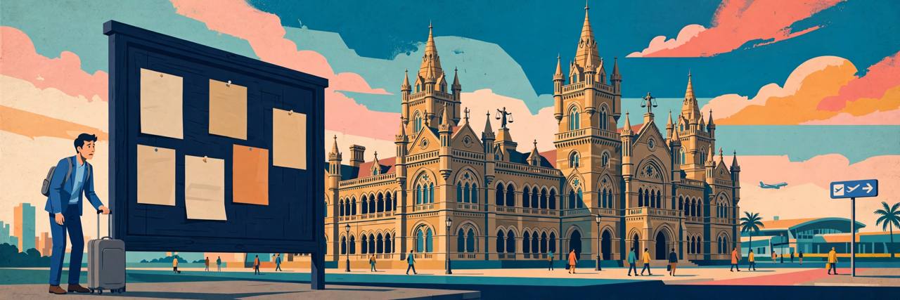 Editorial illustration of a generic man with a suitcase before a high court building and an official notice board