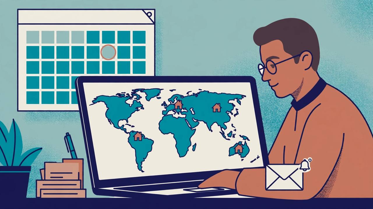 Generic taxpayer at a laptop with a world map and small house icons abroad (Editorial illustration)