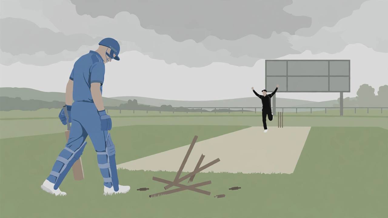 Editorial illustration of a generic batsman walking back past fallen stumps on a green pitch while a generic seam bowler celebrates; no real person depicted