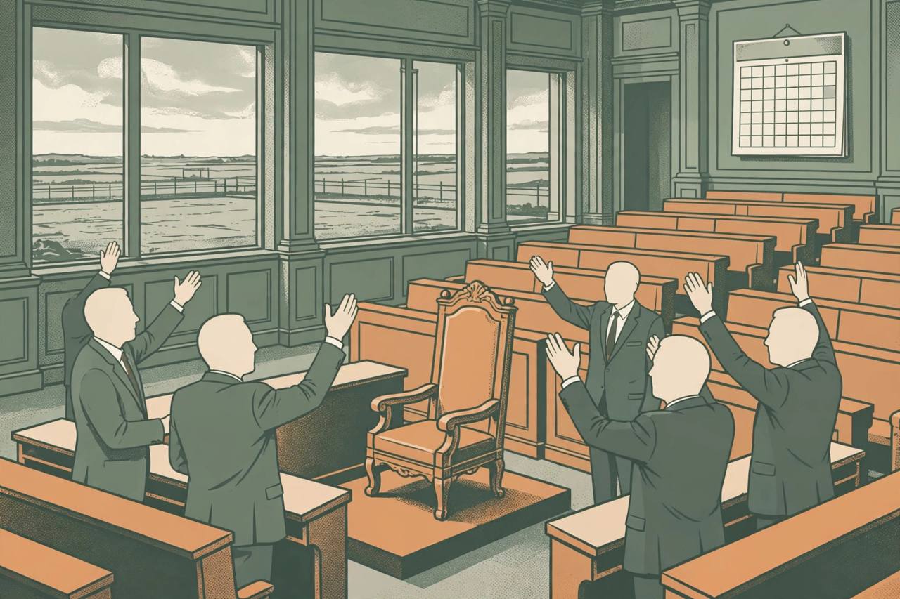 Editorial illustration of generic lawmakers debating in a mock parliament chamber with an empty chair at the front, flat style