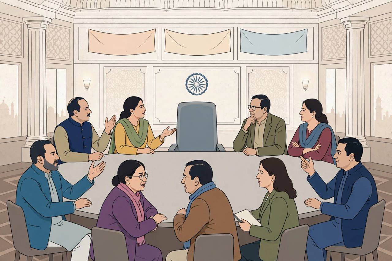 Editorial illustration of generic opposition leaders debating in a mock parliament chamber around a large table
