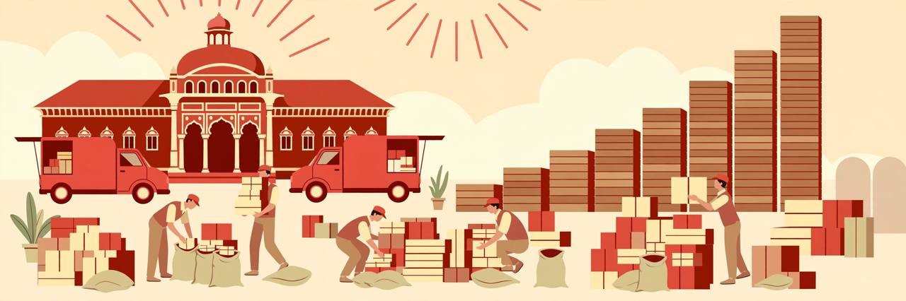 Editorial illustration of a red India Post office with parcel vans, generic postal workers sorting parcels and rising stacks of parcels showing revenue growth — no real person's likeness