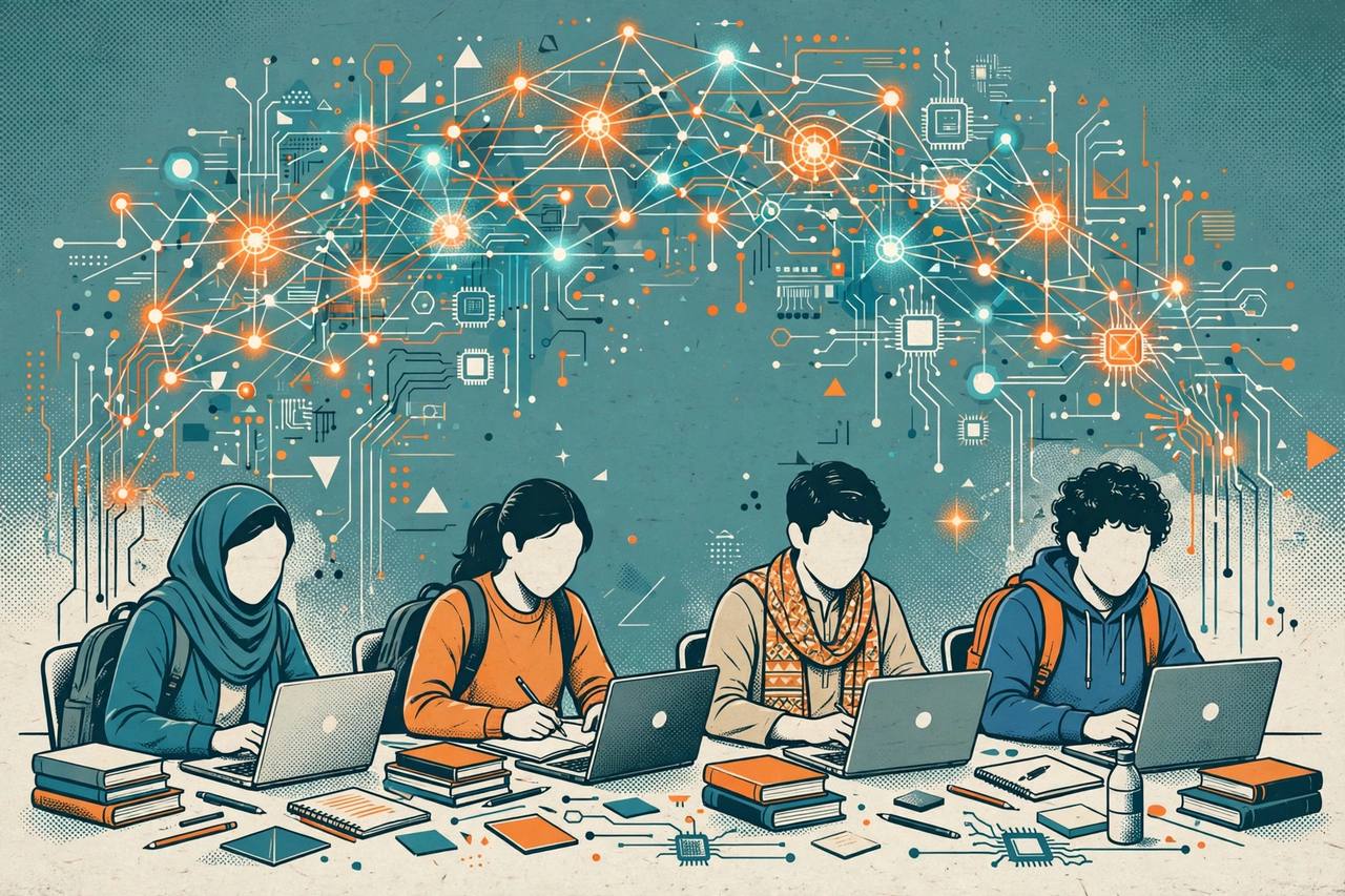 Editorial illustration of generic students with laptops under a glowing artificial-intelligence network — flat style, no text, no real person's face