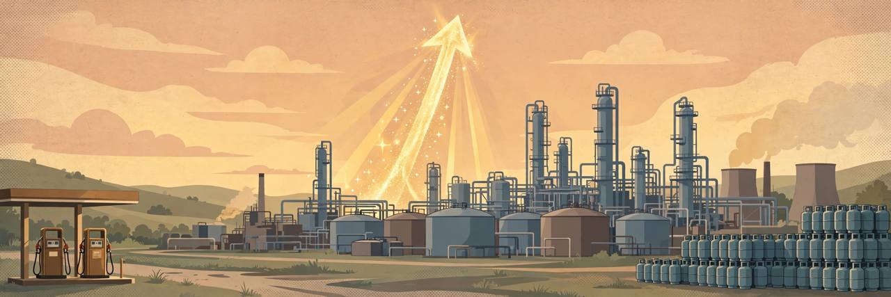 Editorial illustration of an oil refinery with storage tanks, a fuel pump and LPG cylinders under a rising golden arrow