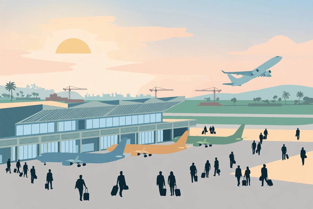 Editorial illustration of a modern airport terminal with generic planes and passengers, representing Navi Mumbai International Airport