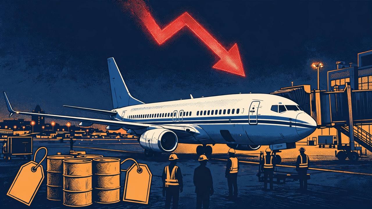Editorial illustration of a generic passenger jet at an airport gate at dusk with a falling red chart arrow in the sky and fuel barrels nearby, no real person's face