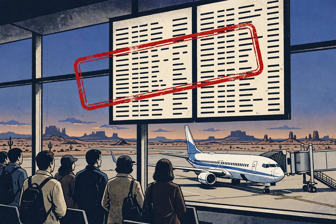 Editorial illustration of a parked passenger airliner at an airport gate at dusk with cancelled departures