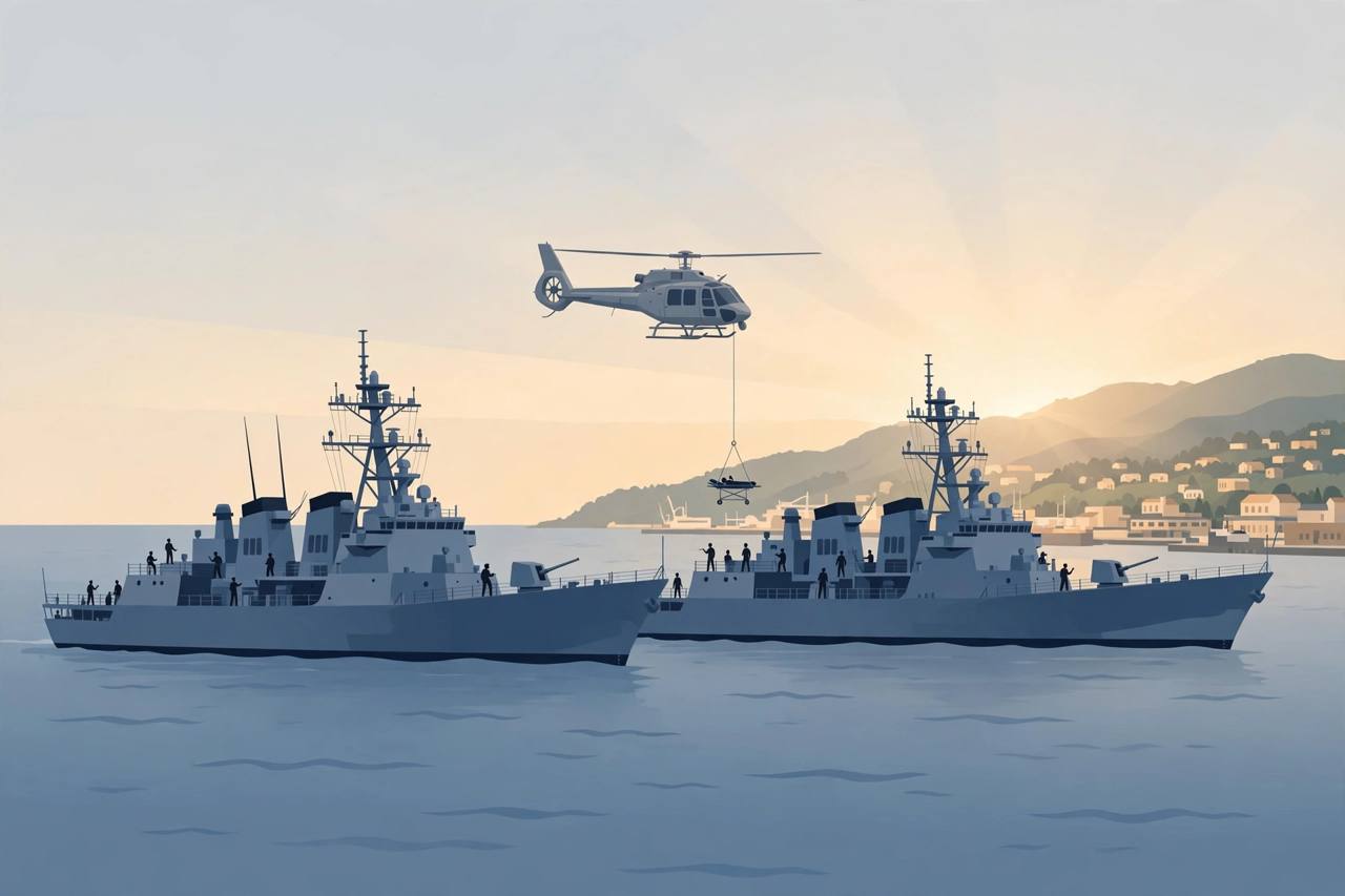 Editorial illustration of two generic naval warships sailing side by side with a helicopter conducting a medical evacuation drill
